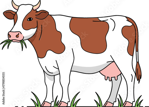 Detailed cartoon vector illustration of a friendly spotted dairy cow standing in a field and happily eating fresh green grass, ideal for farm logos, milk product packaging, and agricultural education 