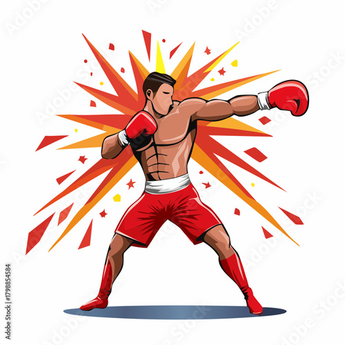 Male boxer in red shorts and gloves throwing a powerful punch with an explosive background.