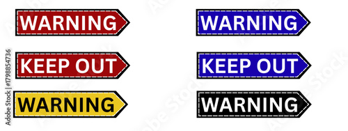 A collection of warning signs with an arrow shape, varying in color (red, blue, yellow, black) and text ("WARNING," "KEEP OUT"). 