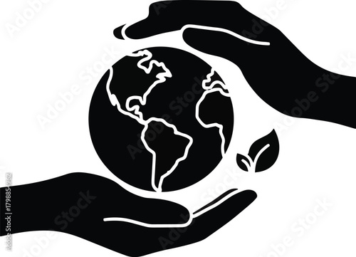 Ecology conservation symbol showing a green globe representing the world, promoting care, peace, and sustainable actions to Hands holding earth, protect nature symbol silhouette non-profit silhouette.
