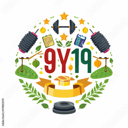 Circular fitness-themed illustration with '9Y19' surrounded by dumbbells, stars, leaves, and a celebratory banner, symbolizing achievement and health.