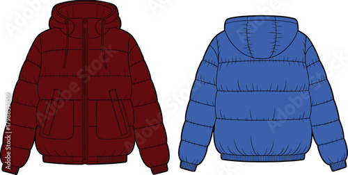 Puffer jacket front and back, hooded winter coat, fashion sketch, garment design, outerwear illustration, technical apparel drawing