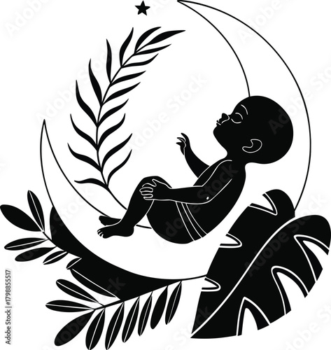 Silhouette of a baby peacefully sleeping on a crescent moon surrounded by tropical leaves and a star