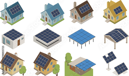Solar panel building set, residential and commercial rooftops, clean energy icons, eco architecture illustration, renewable power design grid