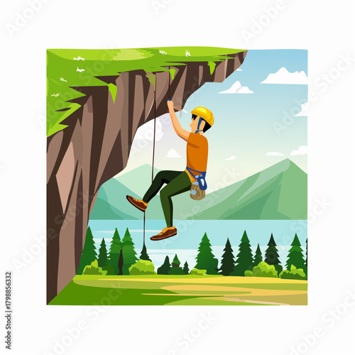 A person rappelling down a cliff face with a lake, mountains, and forest in the background, depicting an outdoor adventure.