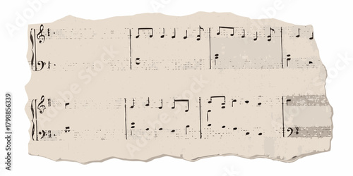 Torn vintage sheet music with musical notes and clefs on aged paper background