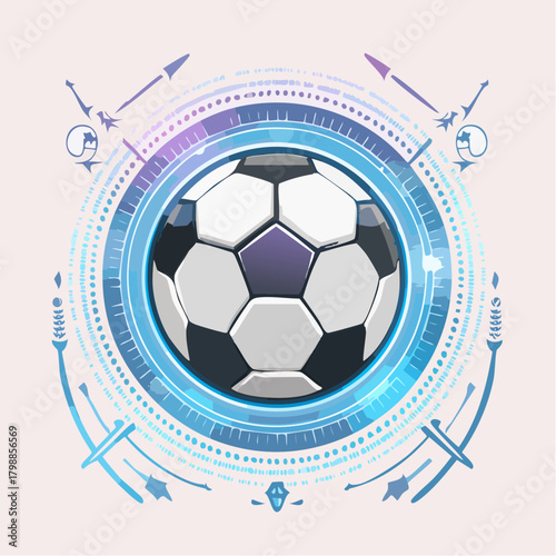 A soccer ball at the center of a futuristic glowing blue and purple circular digital interface with stylized arrows and bow elements.