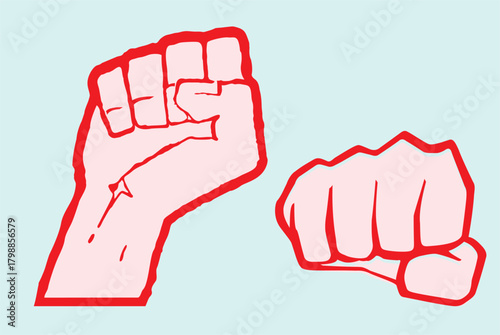 Vector illustrations of a raised fist and a forward punch. A symbol of strength, determination, support, and motivation. Suitable for posters, design, and social content.