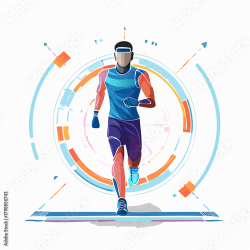 Futuristic runner with VR headset and bionic elements, surrounded by a digital interface, representing sports technology and augmented reality.