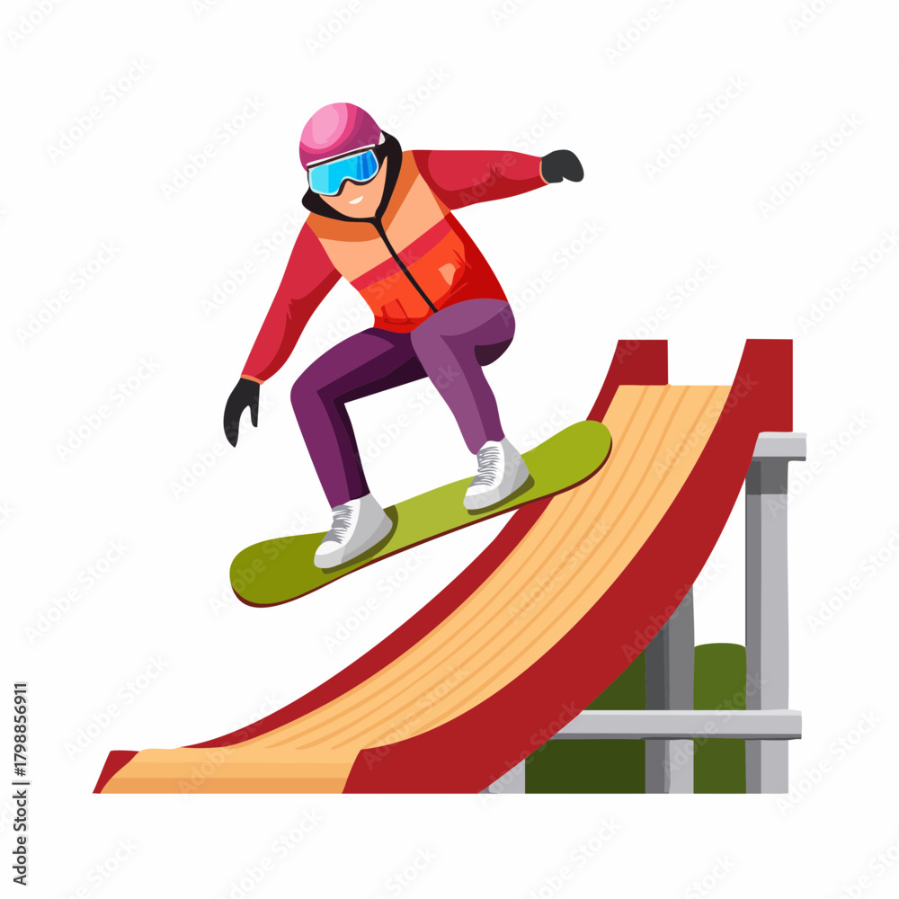 Obraz premium A cartoon illustration of a person snowboarding down a red and yellow ramp, wearing a pink helmet, blue goggles, and an orange jacket.