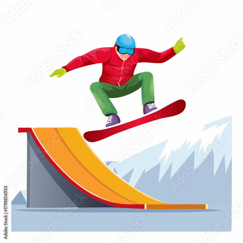 A vibrant illustration of a snowboarder performing a jump off a ramp with snowy mountains in the background.
