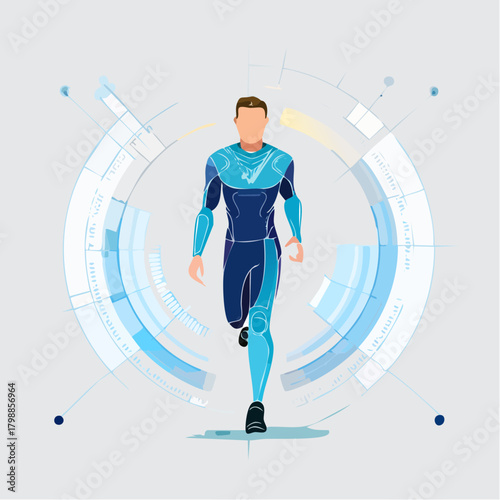A man in a futuristic blue and light blue athletic suit running amidst abstract technological interface elements.