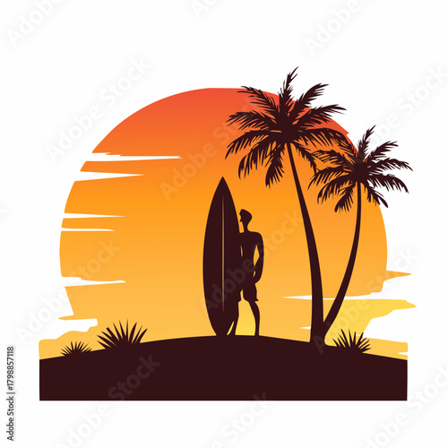 Silhouette of a surfer with a surfboard and palm trees at sunset on a tropical beach, vector illustration.