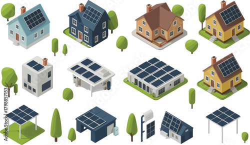 Solar panel buildings, rooftop solar, eco homes, green energy, clean power, sustainable design, solar carports, modern architecture, renewable energy, solar technology