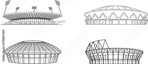 Stadium architecture sketches, arena line drawings, sports venue design, dome structures, public building illustration, event space concept art