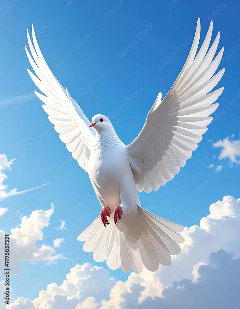 Fototapeta premium A pristine white bird, wings outstretched, soars gracefully against a vibrant blue sky dotted with fluffy, white clouds, symbolising freedom