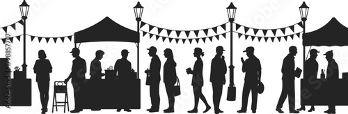 Street market silhouette scene, people and booths, festive fair illustration, vendor interaction, outdoor shopping, community event, vector design