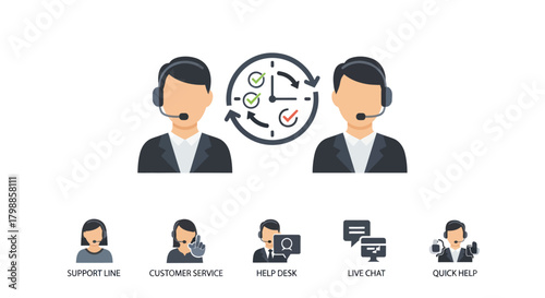 Two customer service agents with headsets and a 24/7 support icon, along with various customer assistance options.