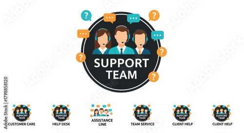 Illustration of a support team with three customer service representatives wearing headsets, surrounded by speech bubbles and question marks, with related icons below.