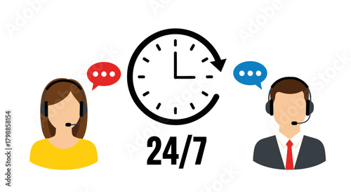 24/7 customer support service with agents communicating and providing assistance around the clock.