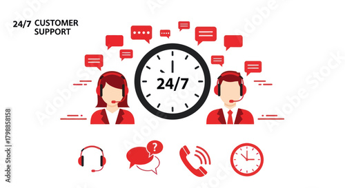Illustration depicting 24/7 customer support with operators, speech bubbles, and related icons.