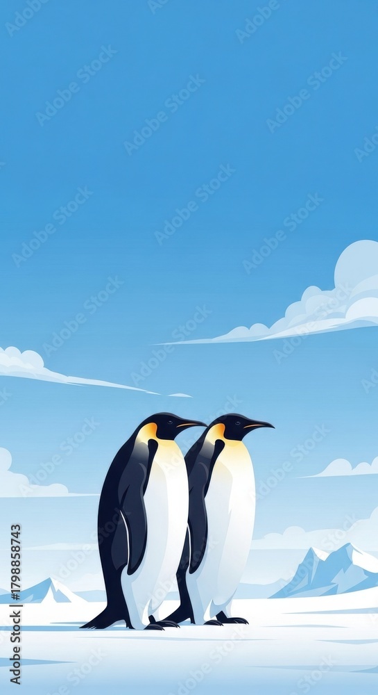 Fototapeta premium Two emperor penguins stand together on a frozen white snowfield. They look out at the vast icy wilderness under a calm blue sky.