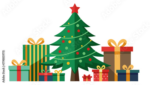 Festive christmas tree surrounded by colorful gift boxes