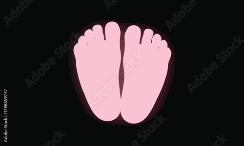 A pair of pink feet are seen from the bottom, with the toes pointing upwards, on a black background, creating a simple yet striking image