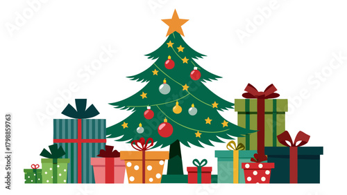 Christmas tree surrounded by colorful gifts and presents