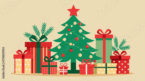 Festive christmas tree surrounded by wrapped gifts and greenery