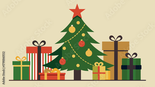 Festive christmas tree surrounded by colorful gift boxes and ornaments