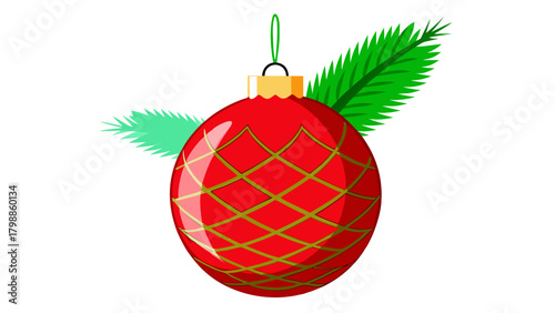Red christmas ornament with green pine needles on white background