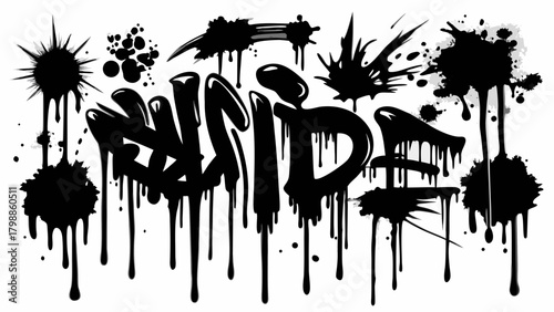 Black graffiti word with dripping paint and splatter effects