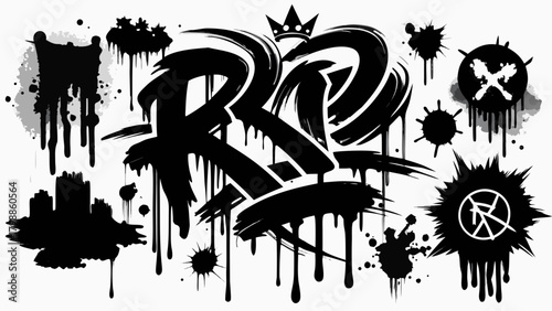 Black graffiti art elements with drips and splatters