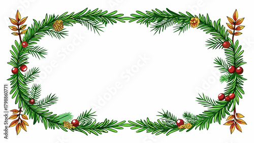 Christmas and winter holiday decorative border with pine branches and berries