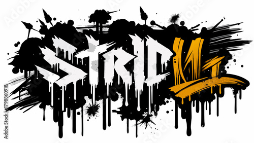 Bold graffiti style text with dripping paint and splatter effects