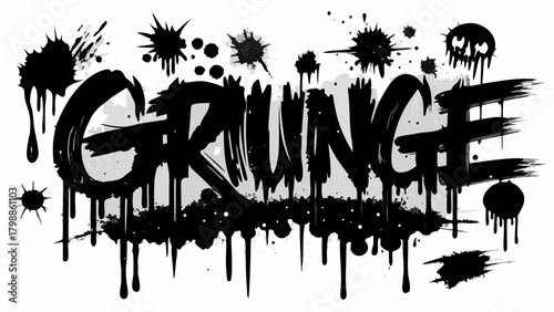 Black grunge word with paint splatters and drips