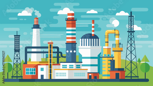 Industrial factory complex with smokestacks and pipelines under a cloudy sky