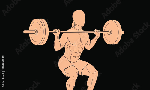 Silhouette of a man squatting with a barbell, representing strength training and fitness against a dark backdrop for graphic design