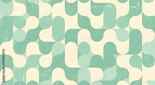 Mint Green Geometric Abstract Seamless Pattern with Rounded Shapes and Distressed Texture