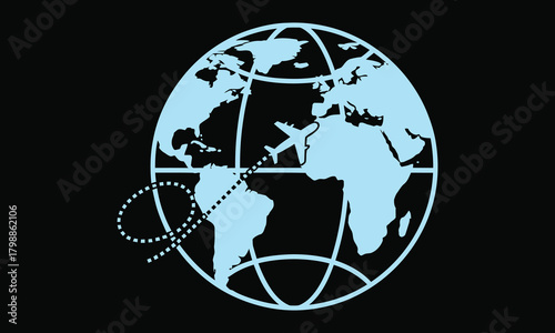 Airplane flying around the world illustration, symbolizing global travel, international business, and tourism, perfect for travel agencies and airline companies
