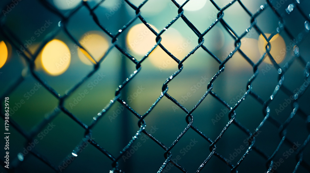Fototapeta premium Moody chain link fence backdrop with bokeh lights evokes urban atmosphere at night