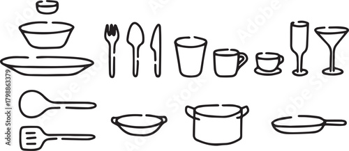 Minimalist Kitchen Utensils Line Art Set Hand-drawn Cooking and Dining Icons Collection