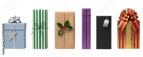 Assortment of wrapped gifts in various sizes and styles transparent background cutout png