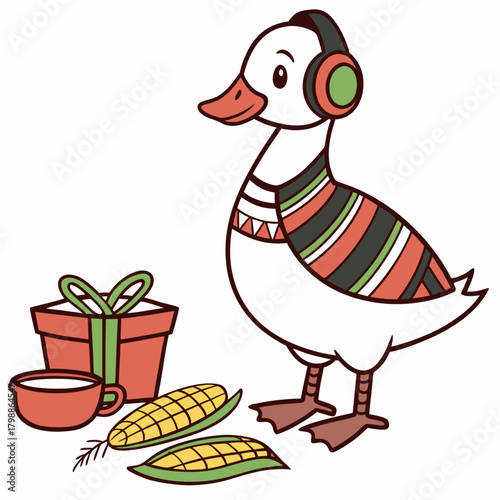 Cute Gentle Duck, accessorized with wearing headphones, in a Kwanzaa world – Unity & Culture palette vector