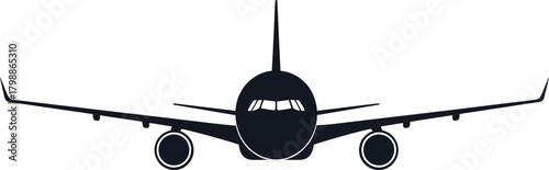 Front view silhouette of a passenger airplane, representing travel, transportation, and aviation industry