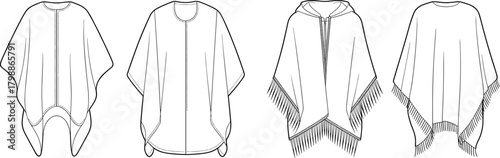 Fashion poncho template set, vector garment sketches, cape top designs, hooded poncho illustration, fringe hem apparel, flat fashion drawing