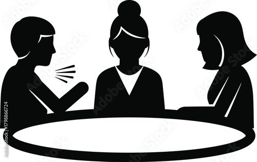 Three people are sitting around a table having a discussion