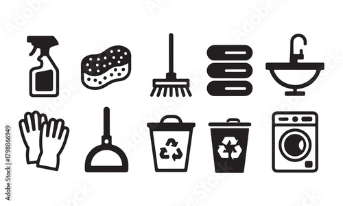 Collection of household cleaning and sanitation icons