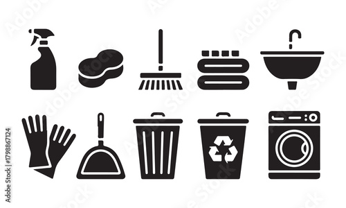 Set of cleaning supplies and appliances icons